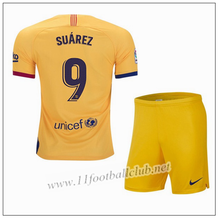 Officiel Nouveaux Maillot Barcelone SUAREZ 9 Enfant Exterieur Jaune Nike 19/20 Flocage