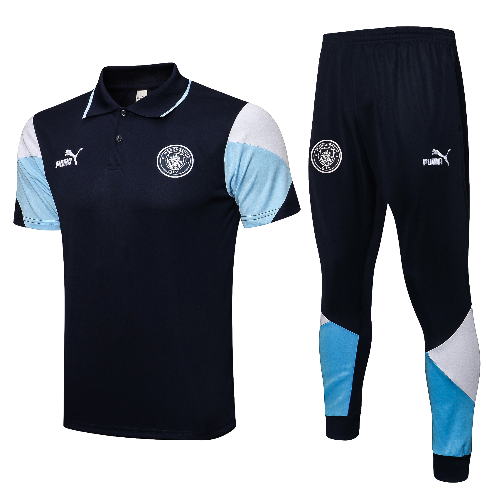 Le Nouveau Ensemble Polo Manchester City + Pantalon Noir/Bleu 2021/2022