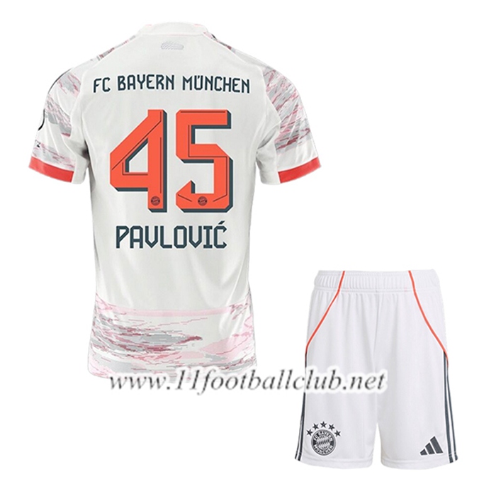 Maillot de Foot Bayern Munich (PAVLOVIC #45) Enfant Exterieur 2025/2026