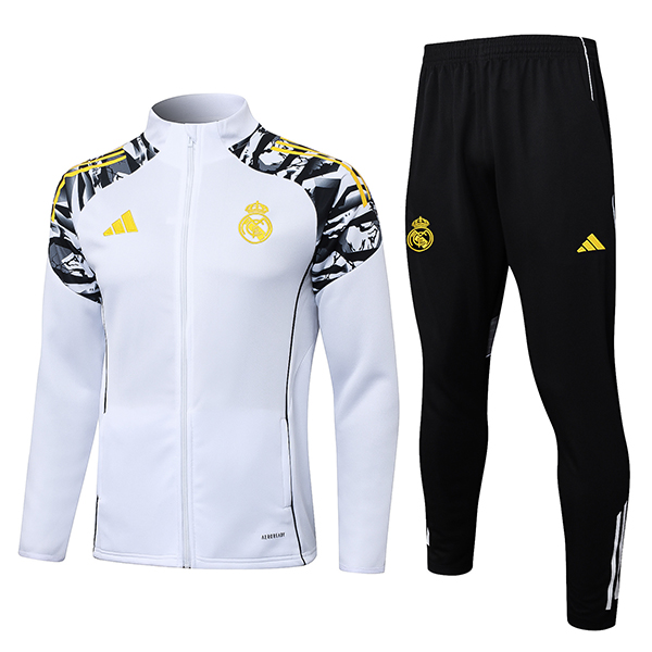 Ensemble Veste Survetement de Foot Real Madrid Blanc/Noir/Jaune 2025/2026