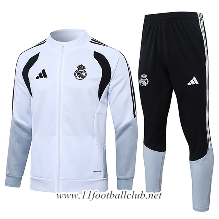 Ensemble Survetement de Foot Veste Real Madrid Blanc/Gris/Noir 2026/2027