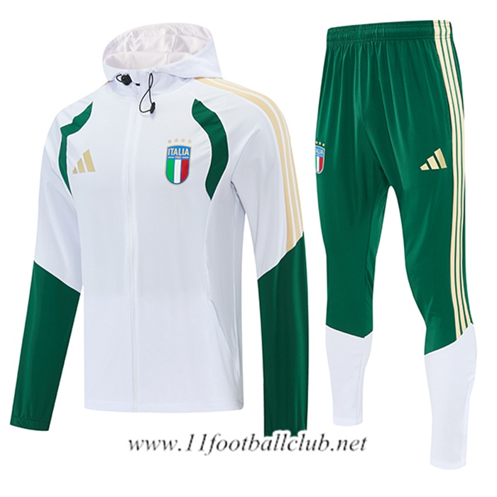 Ensemble Survetement Veste A Capuche Coupe-Vent Italie Blanc/Vert/Jaune 2026/2027