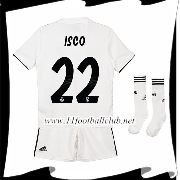 Nouveaux Maillot Foot Real Madrid Isco 22 Enfant Domicile Blanc 2018 2019 Flocage